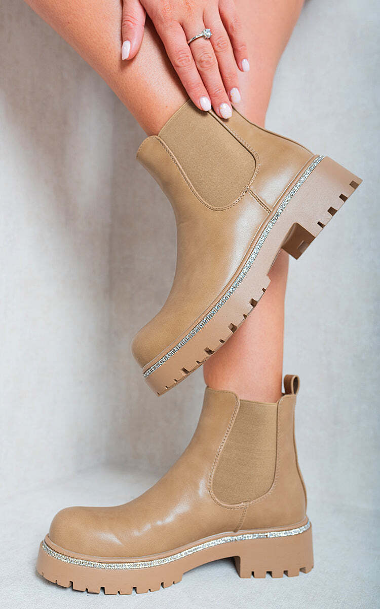 Faux Suede Diamante Chelsea Ankle Boots-Beige / 4