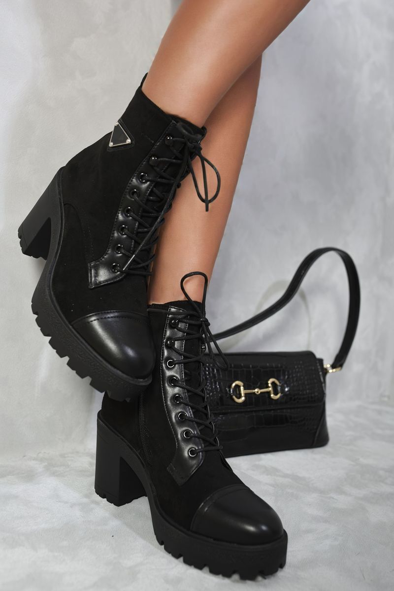 Lace Up Combat Heeled Ankle Boots-Camel / 5