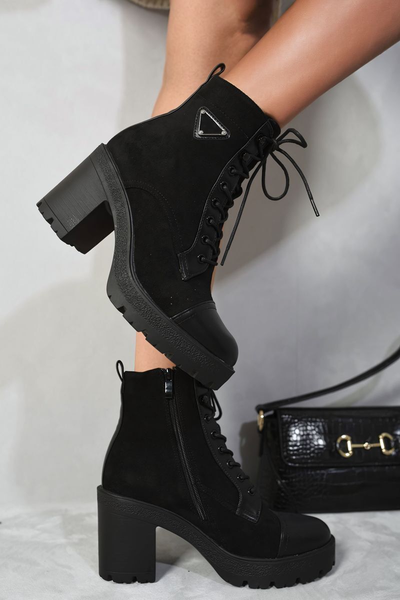Lace Up Combat Heeled Ankle Boots-Camel / 5
