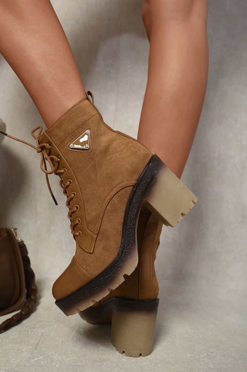 Lace Up Combat Heeled Ankle Boots-Camel / 5