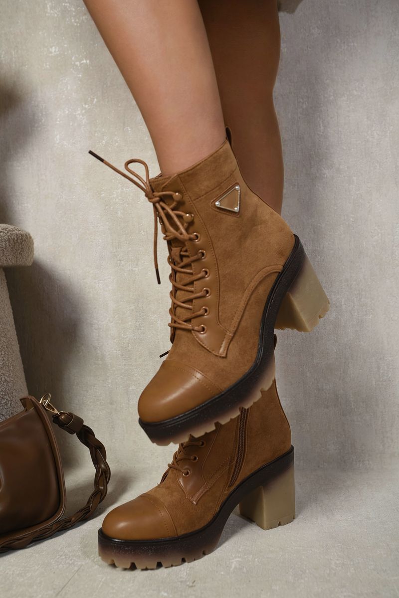 Lace Up Combat Heeled Ankle Boots-Camel / 5
