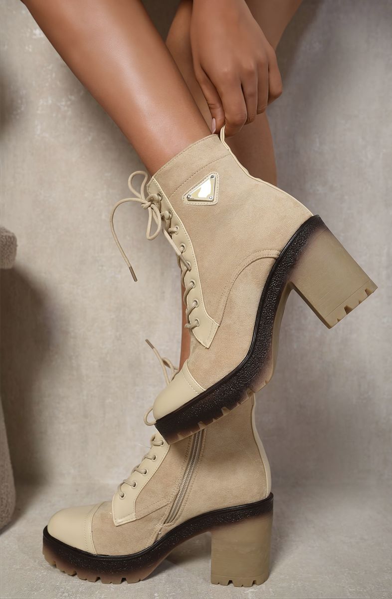 Lace Up Combat Heeled Ankle Boots-Camel / 5