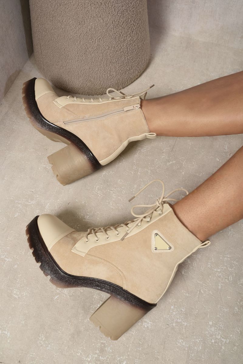Lace Up Combat Heeled Ankle Boots-Camel / 5