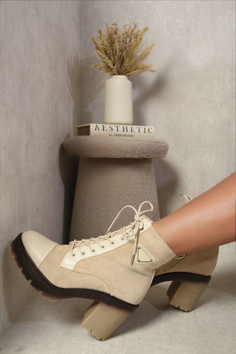 Lace Up Combat Heeled Ankle Boots-Camel / 5