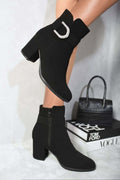 Rhinestone Buckle Chunky Block Heeled Boots-Black / 4
