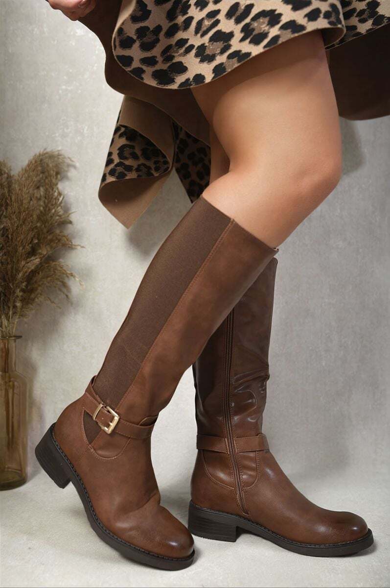 Knee High Buckle Boots-BROWN / 7