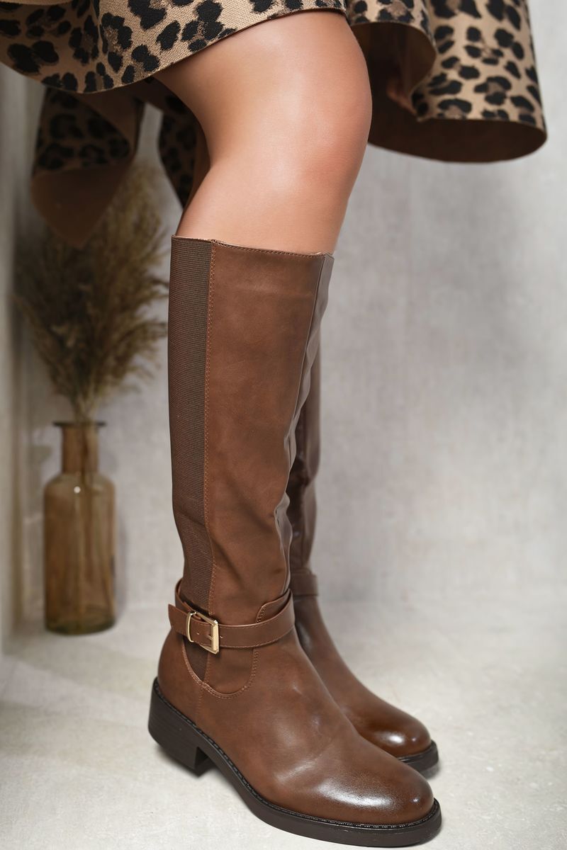 Knee High Buckle Boots-BROWN / 7
