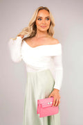 Off Shoulder Long Sleeve Draped Top with Wrap Front Detail-Mint / M/L