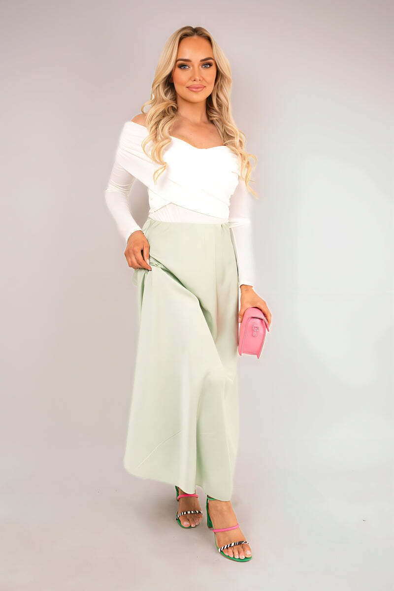 Off Shoulder Long Sleeve Draped Top with Wrap Front Detail-Mint / M/L
