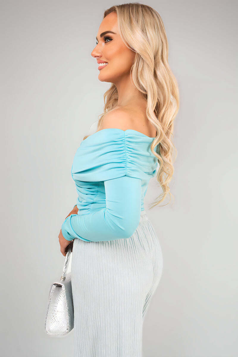 Off Shoulder Long Sleeve Draped Top with Wrap Front Detail-Mint / M/L