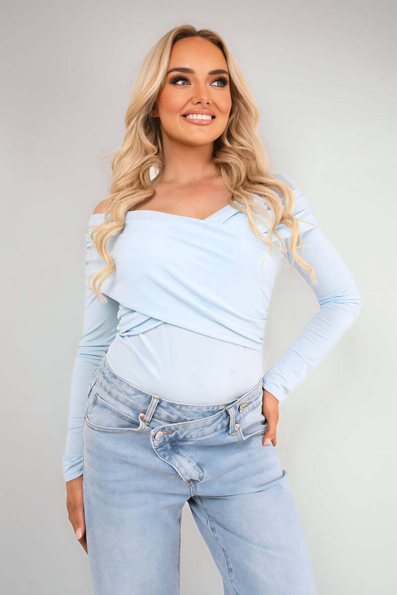 Off Shoulder Long Sleeve Draped Top with Wrap Front Detail-Mint / M/L